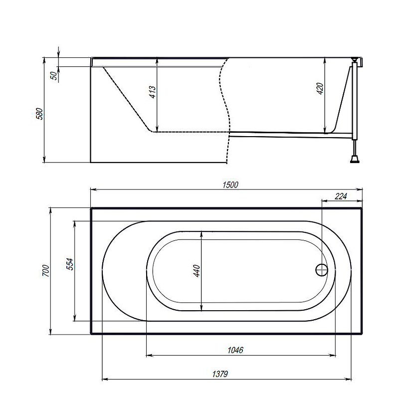 Акриловая ванна Timo Roha 150x70 ROHA1570 без гидромассажа схема 4