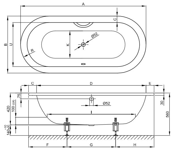 Овальная встраиваемая ванна Bette Starlet Oval 2700 150х80 схема 2