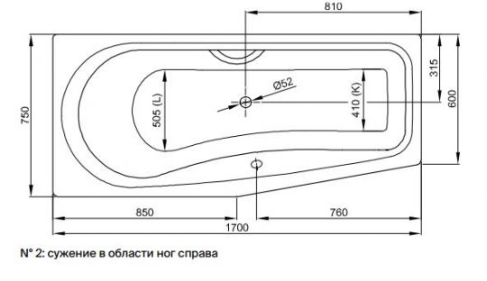 Трапециевидная ванна Bette Luna 2760 левая 170x75 схема 2
