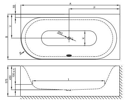 Овальная ванна углового монтажа Bette Lux Oval IV Silhouette 3437 CELVS правая 195х95 схема 3