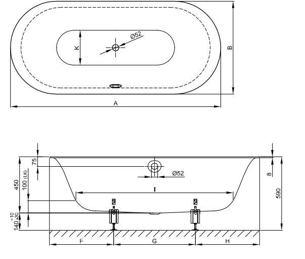 Овальная отдельностоящая ванна Bette Lux Oval 3465 170х75 схема 2