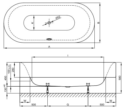 Овальная встраиваемая ванна Bette Lux Oval Highline 3466 CFXXH 180х80 схема 3