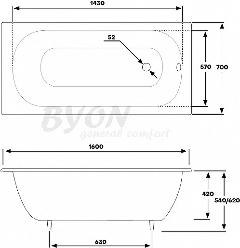 Чугунная ванна Byon B13 160х70 V0000219 ФОТО