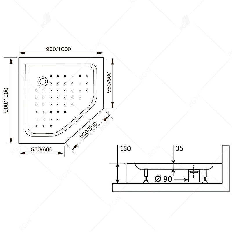 Акриловый душевой поддон трапеция RGW Acrylic LUX/TN-TR 90x90 16180599-41 схема 5