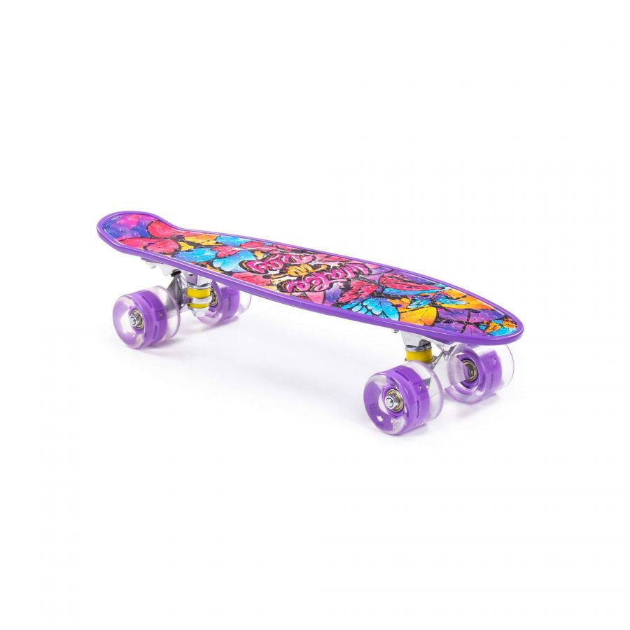 Доска роликовая (56 см) (фиолетовая) с наклейкой и фиолетовыми колёсами