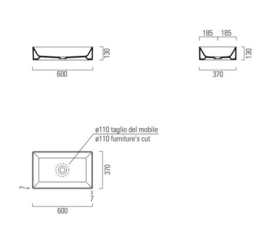 Накладная прямоугольная раковина GSI Kube X 9453 60х37 схема 2