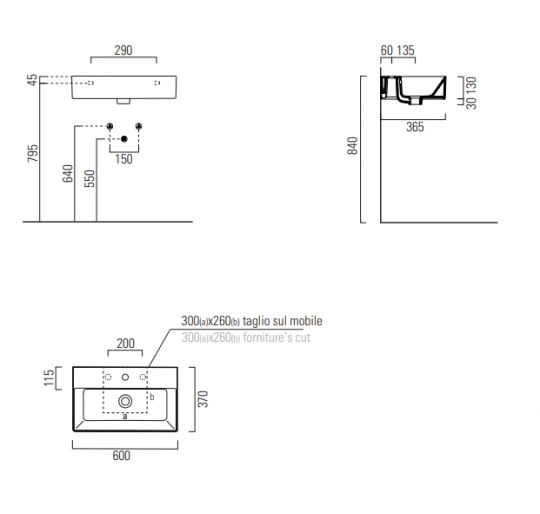 Раковина накладная/подвесная GSI KUBE X 9454111 37х60 схема 3