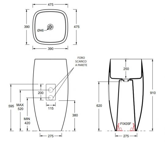 Раковина напольная Alice Nur 45x40xВ92 Open без отверстия под смеситель 33230101 схема 5
