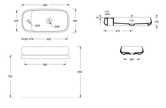 Раковина накладная Alice Nur Plan 80x40xВ15 без отверстия под смеситель 33190101N схема 4