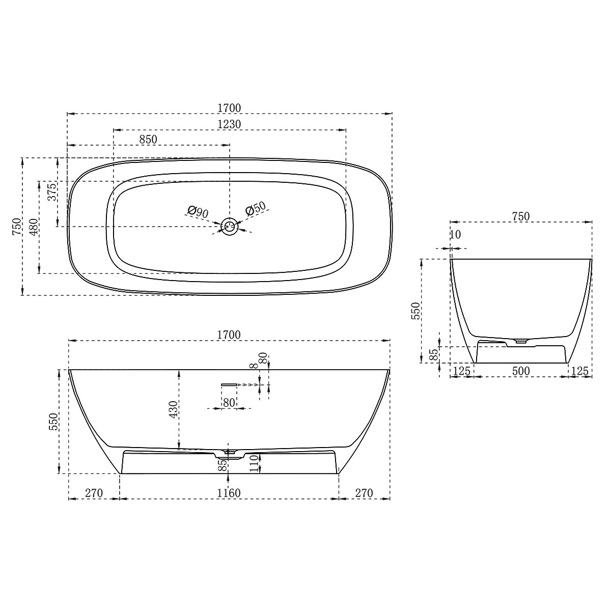 Отдельностящая ванна Vincea Solid Surface слив-перелив в комплекте VBT-6S02MW схема 4