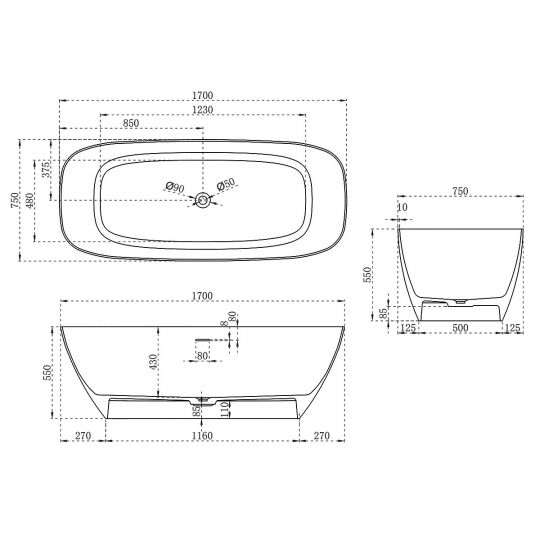 Отдельностящая ванна Vincea Solid Surface слив-перелив в комплекте VBT-6S02MW схема 4