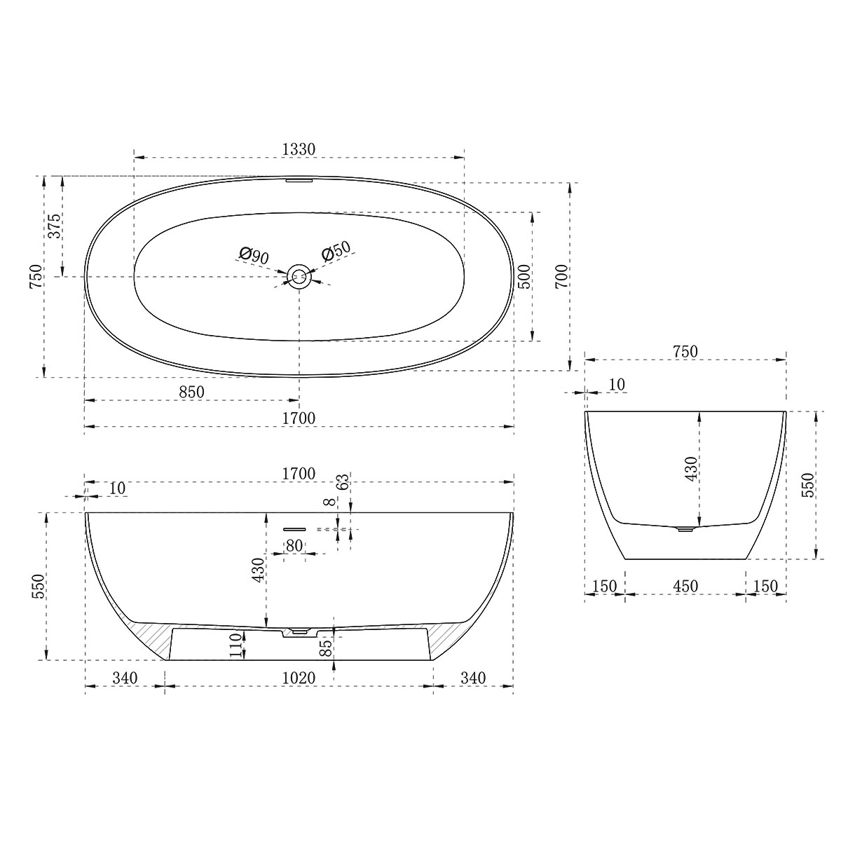 Отдельностящая ванна Vincea Solid Surface слив-перелив в комплекте VBT-6S01MG схема 4