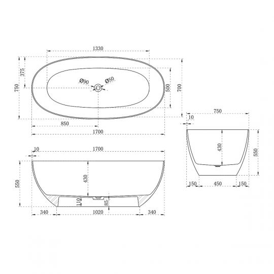 Отдельностящая ванна Vincea Solid Surface слив-перелив в комплекте VBT-6T01B схема 6