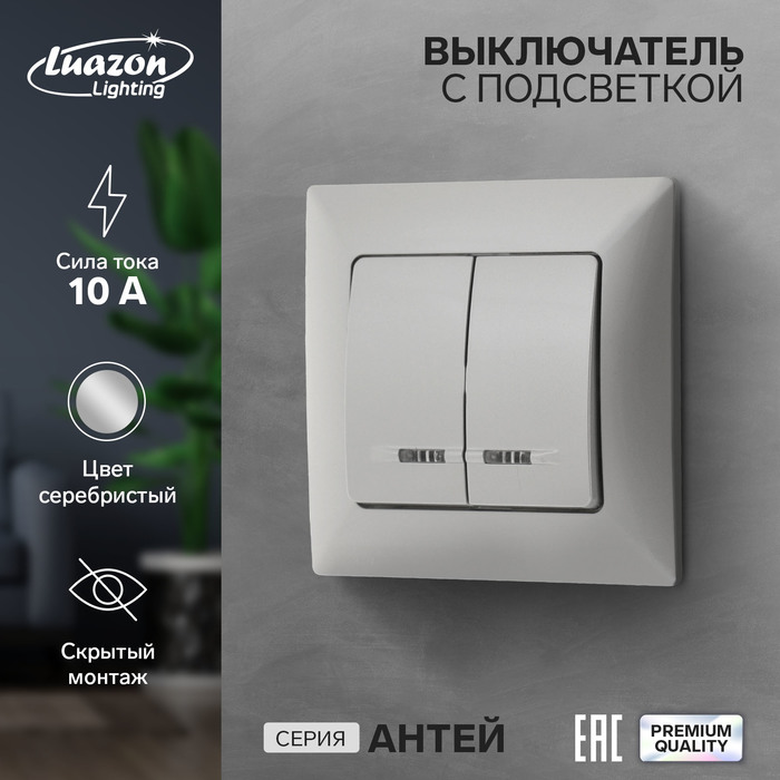 Выключатель Luazon Lighting "Антей", 10 А, 2 клавиши, скрытый, с подсветкой, серебристый