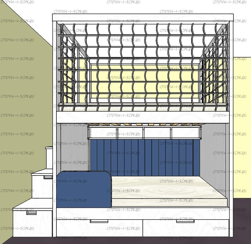 Кровать двухъярусная Домик Fairy Land Sky №5А с мягкими панелями, Массив