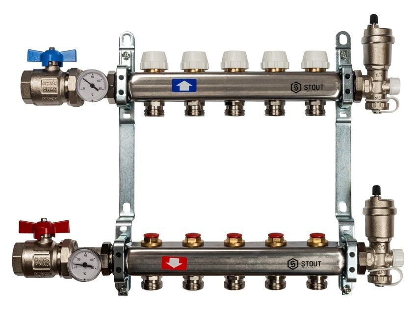 Stout 1"x3/4" на 5 выходов коллектор для радиаторного отопления из нерж. стали (SMS-0912-000005)