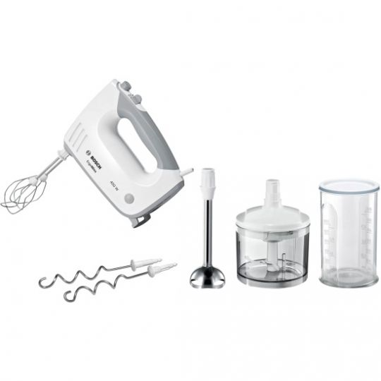 Миксер Bosch ErgoMixx MFQ36480, ручной, белый, 5 скоростей, 450 Вт, с венчиками, крюками, блендером и измельчителем