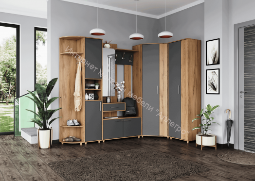 Прихожая "Граф" К-1 угловая с зеркалом Тёмно серый/Дуб золотистый