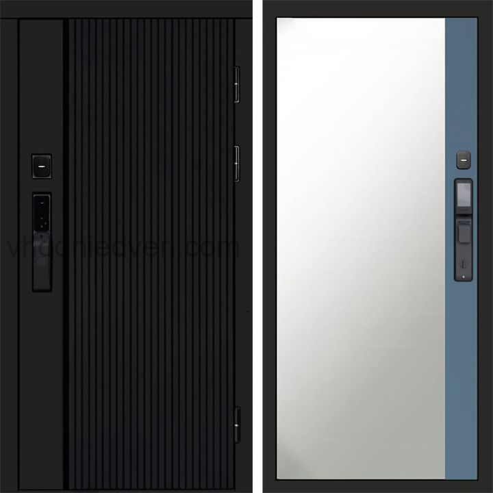 Входная дверь Termo-door УРБАН BLACK с электрозамком - Широкое зеркало фацет Грей софт