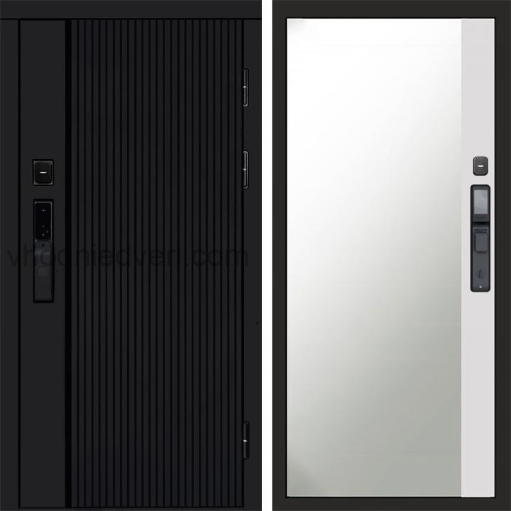 Входная дверь Termo-door УРБАН BLACK с электрозамком - Широкое зеркало фацет Белый софт