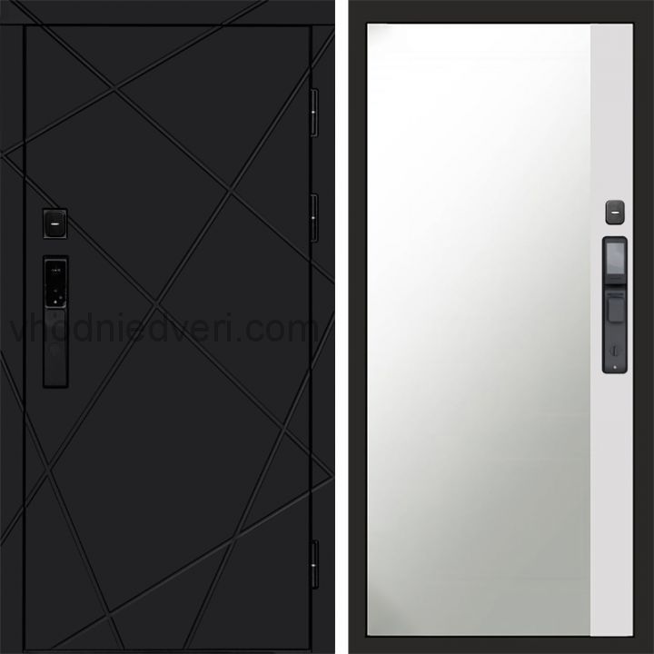 Входная дверь Termo-door ЛУЧИ BLACK с электрозамком - Широкое зеркало фацет Белый софт