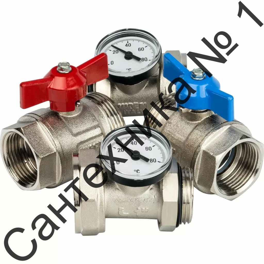 Комплект прямых шаровых кранов с термометрами Stout (2 шаровых крана, 2 вставки с термометрами)