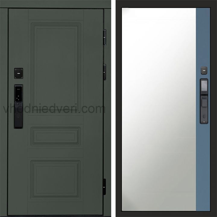 Входная дверь Termo-door ОРЕГОН GREEN с электрозамком - Широкое зеркало фацет Грей софт