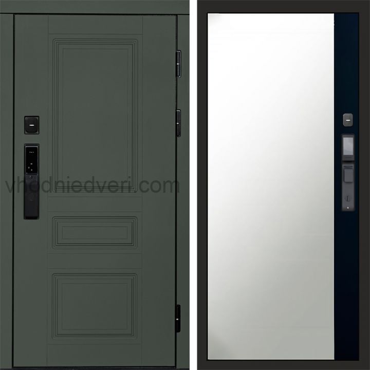 Входная дверь Termo-door ОРЕГОН GREEN с электрозамком - Широкое зеркало фацет Черный кварц