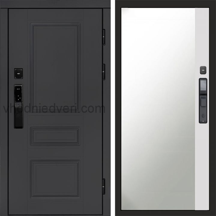 Входная дверь Termo-door ОРЕГОН ГРАФИТ с электрозамком - Широкое зеркало фацет Белый софт
