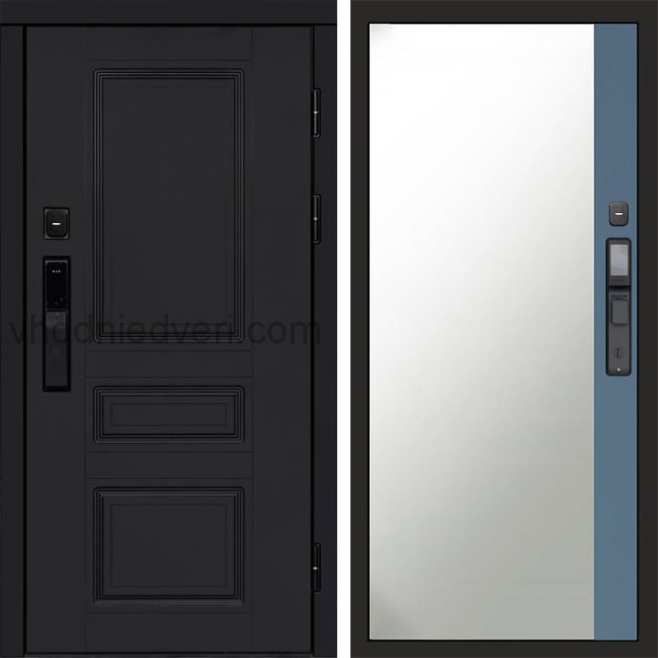 Входная дверь Termo-door ОРЕГОН BLACK с электрозамком - Широкое зеркало фацет Грей софт