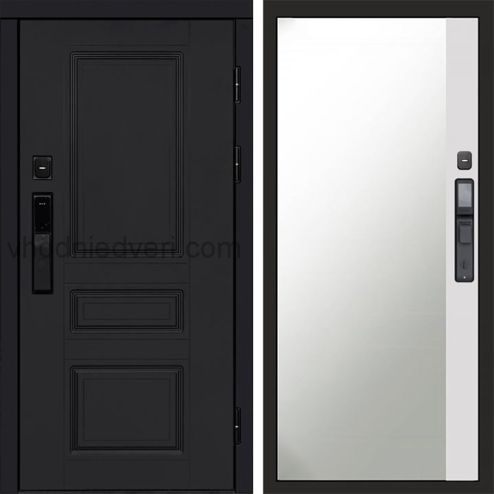 Входная дверь Termo-door ОРЕГОН BLACK с электрозамком - Широкое зеркало фацет Белый софт