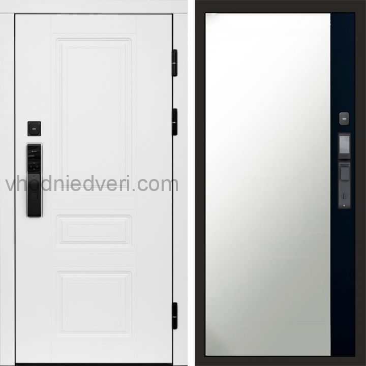Входная дверь Termo-door ОРЕГОН WHITE с электрозамком - Широкое зеркало фацет Черный кварц