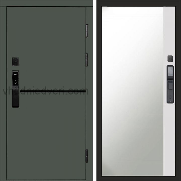 Входная дверь Termo-door ТРЕНД GREEN с электрозамком - Широкое зеркало фацет Белый софт