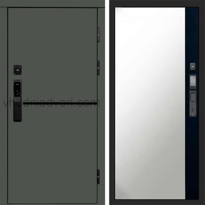 Входная дверь Termo-door ТРЕНД GREEN с электрозамком - Широкое зеркало фацет Черный кварц