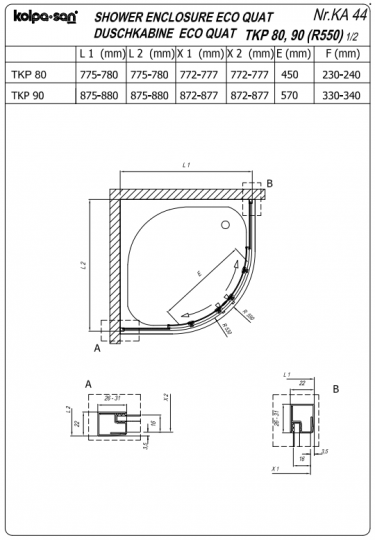 Душевая кабина Kolpa-San ECO QUAT TKP четверть круга 90х90 см схема 2 Душевая кабина Kolpa-San ECO QUAT TKP четверть круга 90х90 см схема 2