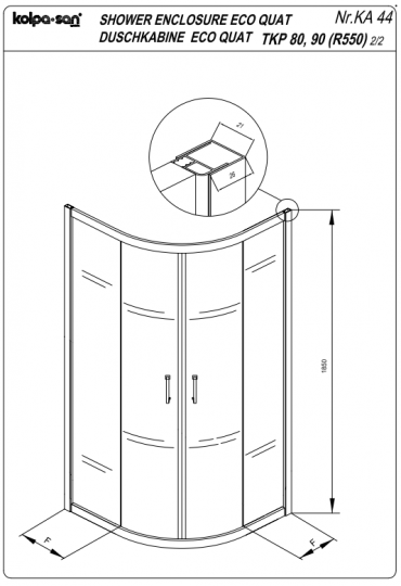 Душевая кабина Kolpa-San ECO QUAT TKP четверть круга 90х90 см схема 3 Душевая кабина Kolpa-San ECO QUAT TKP четверть круга 90х90 см схема 3