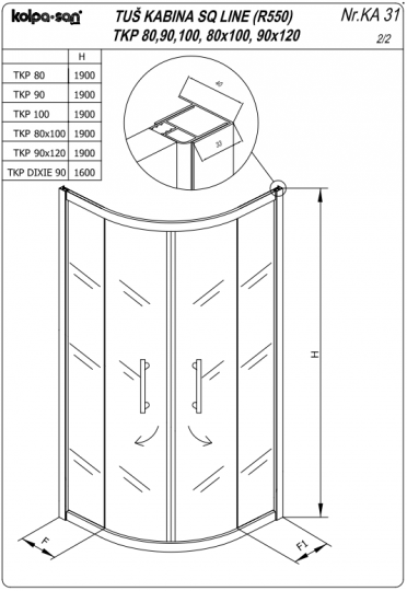 Душевая кабина Kolpa-San Q LINE TKP четверть круга 100х100 см схема 3