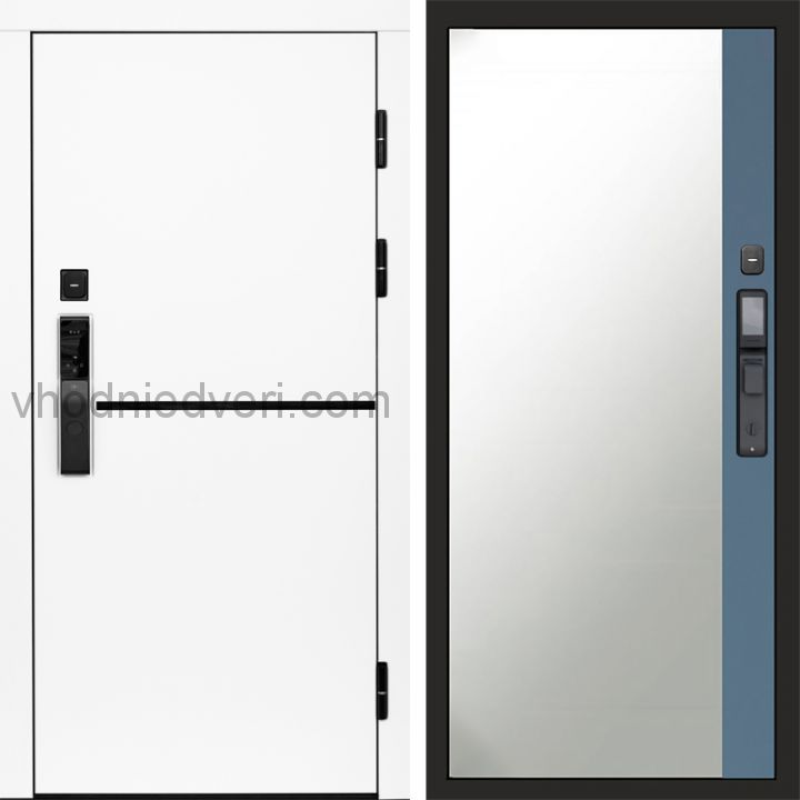 Входная дверь Termo-door ТРЕНД WHITE с электрозамком - Широкое зеркало фацет Грей софт