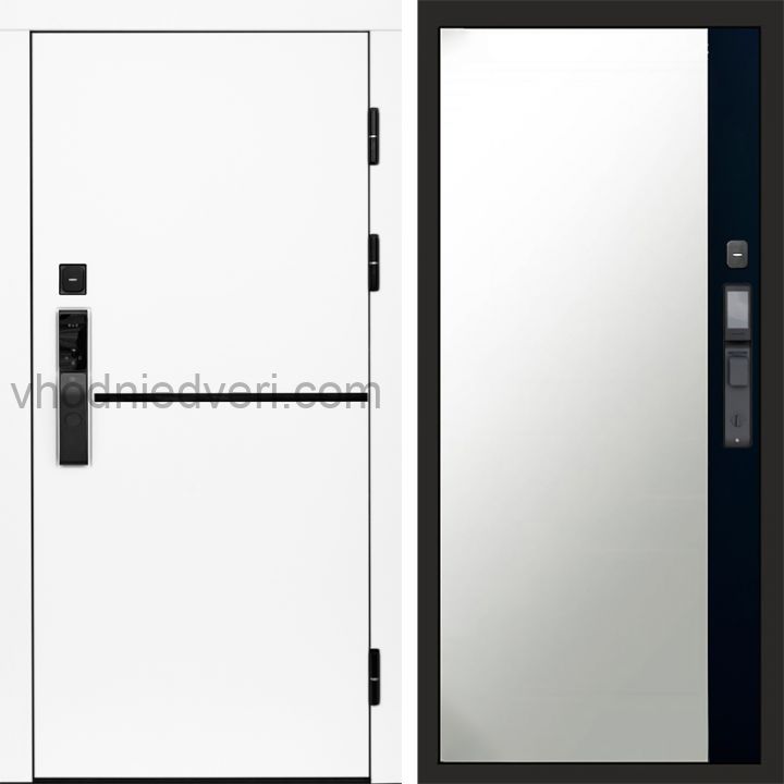 Входная дверь Termo-door ТРЕНД WHITE с электрозамком - Широкое зеркало фацет Черный кварц