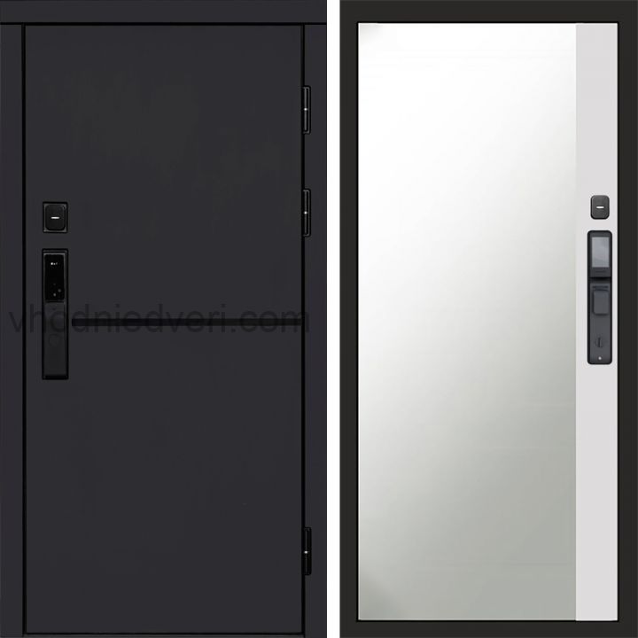 Входная дверь Termo-door ТРЕНД BLACK с электрозамком - Широкое зеркало фацет Белый софт