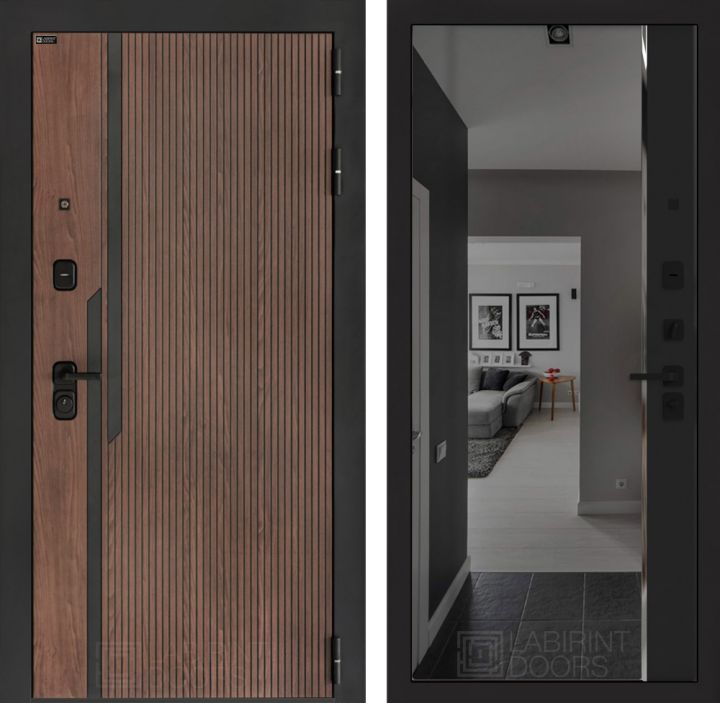 Входная дверь Лабиринт KARMINA с зеркалом Панорама с тонировкой Черный кварц