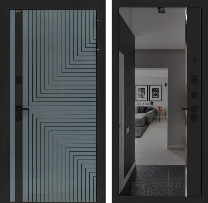 Входная дверь Лабиринт CREDOR с зеркалом Панорама с тонировкой Черный кварц