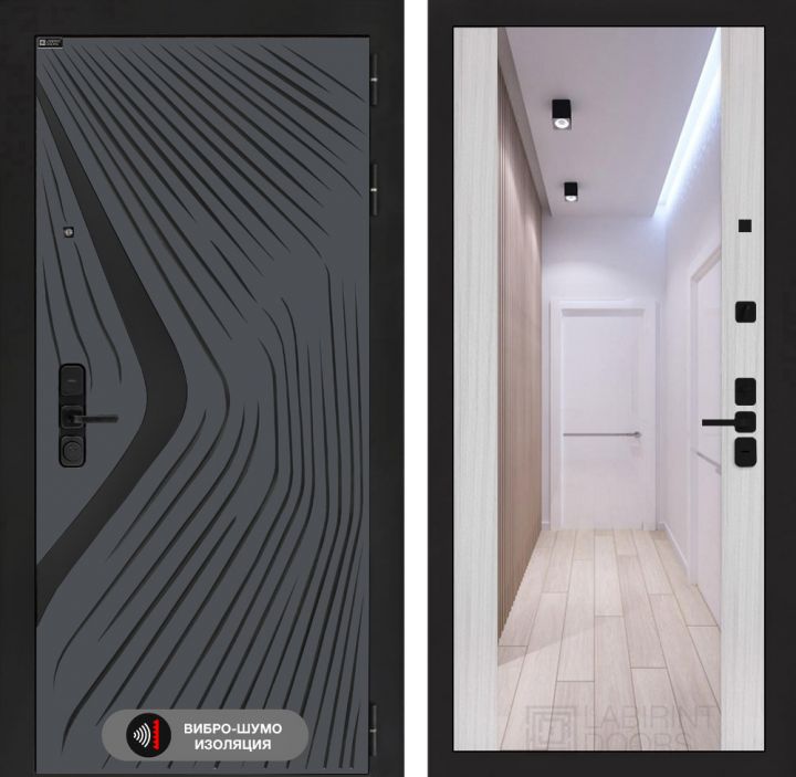 Дверь входная Лабиринт LEOLAB с зеркалом Максимум Сандал белый