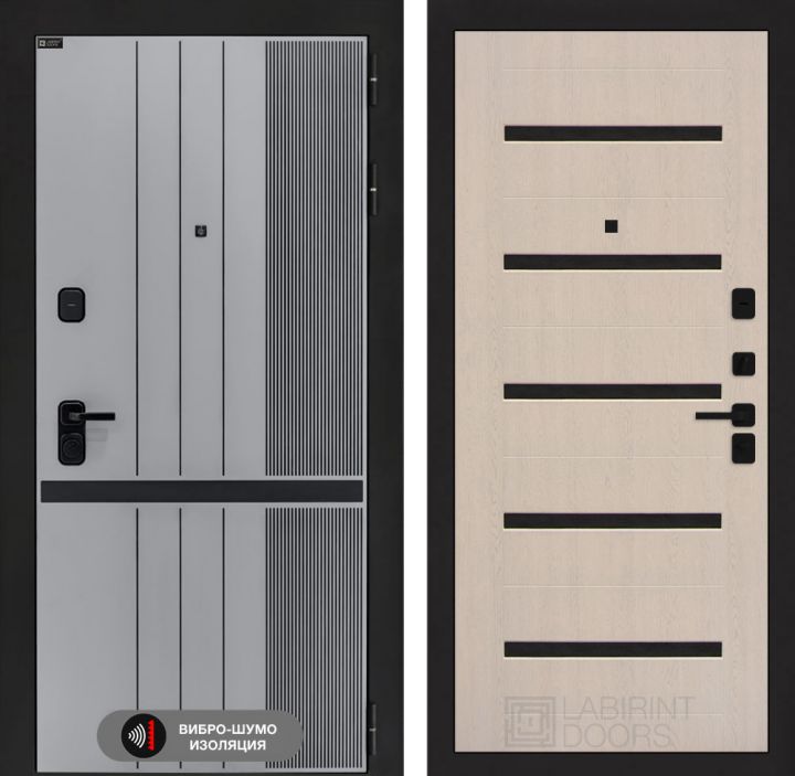 Дверь входная Лабиринт SKYLAB 01 Беленый дуб, стекло черное