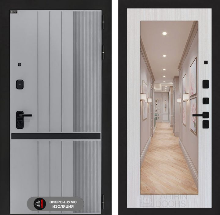 Дверь входная Лабиринт SKYLAB с зеркалом 18 Сандал белый