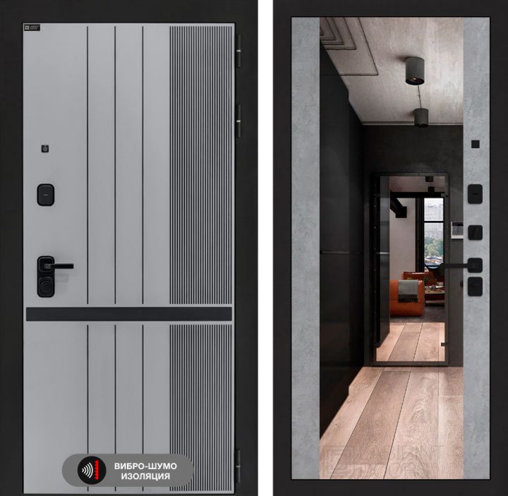 Дверь входная Лабиринт SKYLAB с зеркалом Максимум Бетон светлый