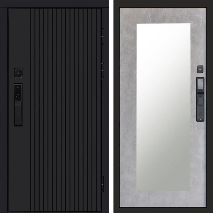 Входная дверь Termo-door ТВИСТ BLACK с электрозамком Зеркало Триумф бетон светлый