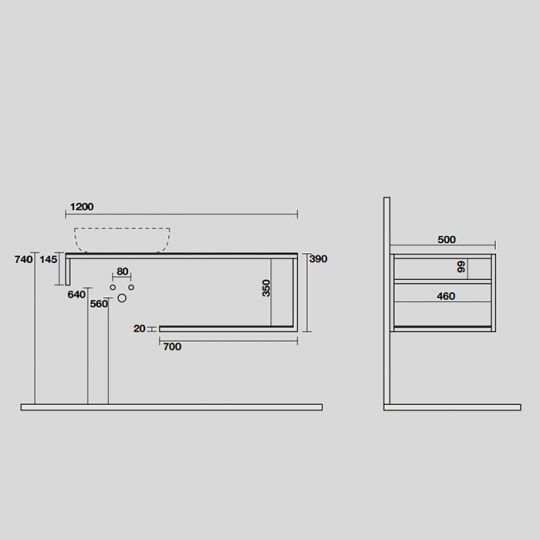Консоль Kerasan Louise 9322k3 120Х50 с полкой схема 2