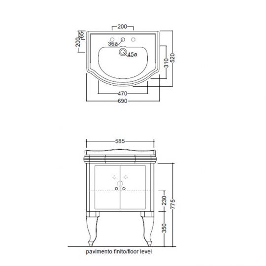 Тумба с раковиной Kerasan Retro 7361K1 69Х52 с дверками схема 2 Тумба с раковиной Kerasan Retro 7361K1 69Х52 с дверками схема 2