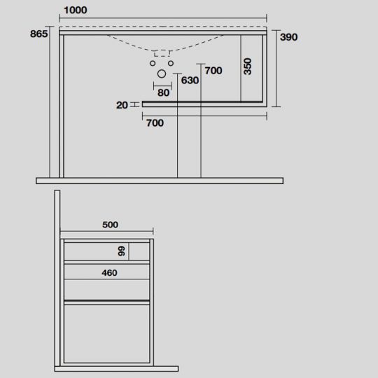 Консоль Kerasan Shape 9333K1 102Х52 с полкой схема 4